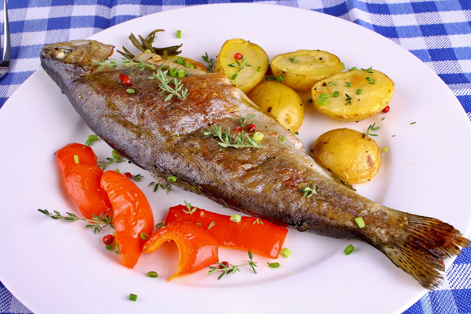 Gegrillte Forelle klassische Art mit Zitrone und Kartoffeln